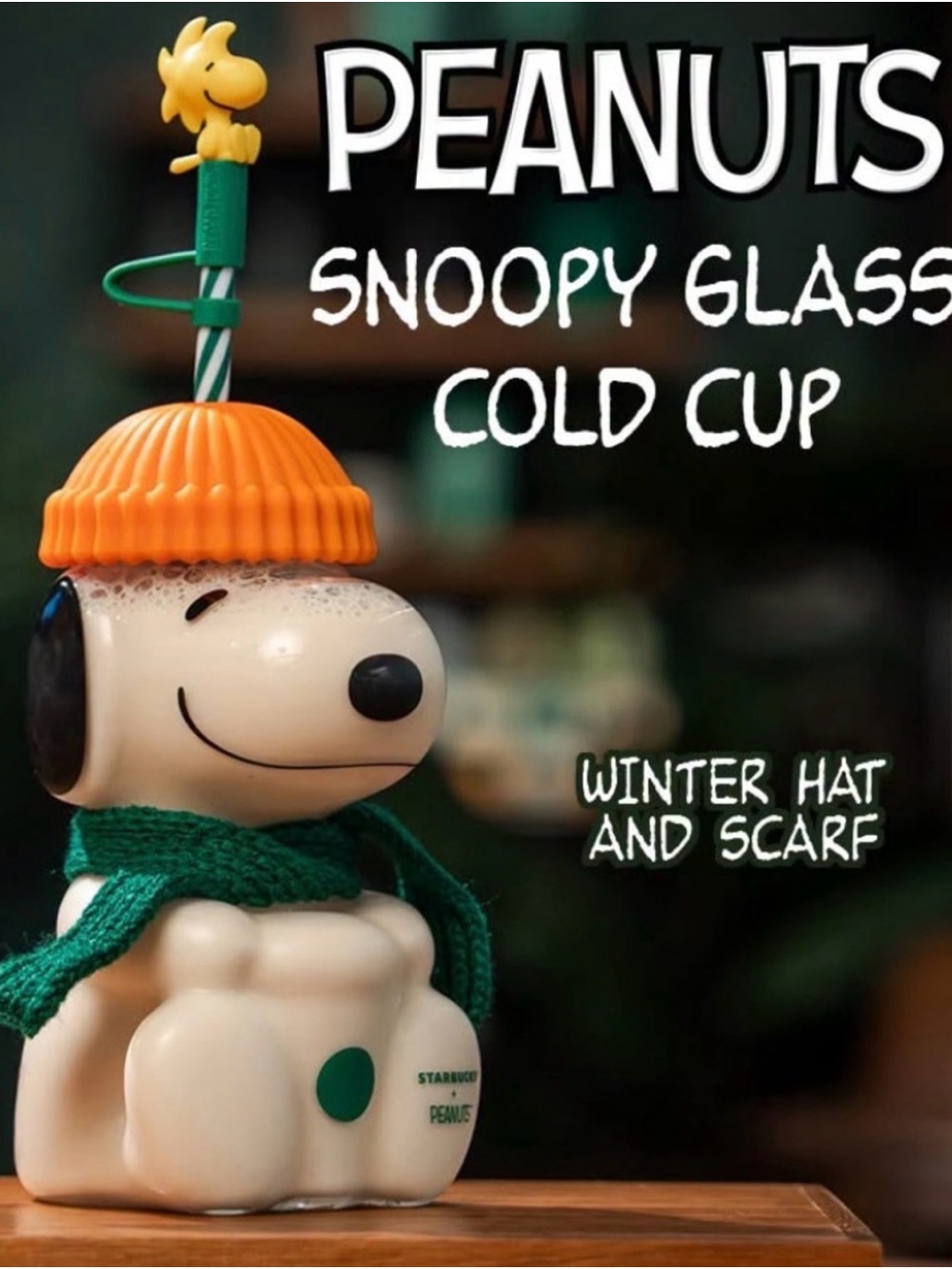 Starbucks Peanuts Snoopy Glass Cold Cup with Orange Hat & Green Scarf